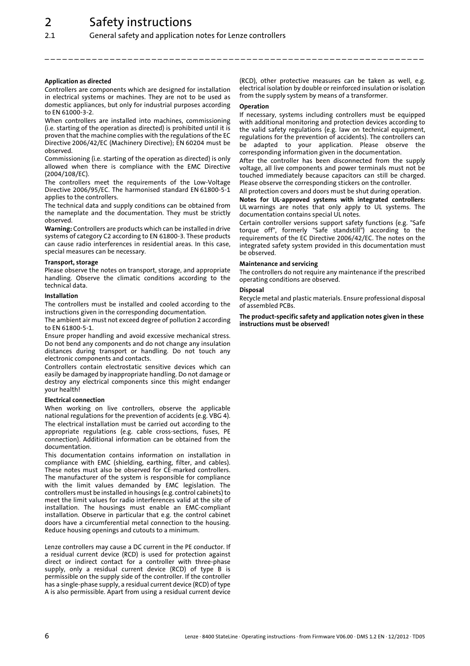 2safety instructions | Lenze E84AVSCx 8400 StateLine C User Manual | Page 6 / 76