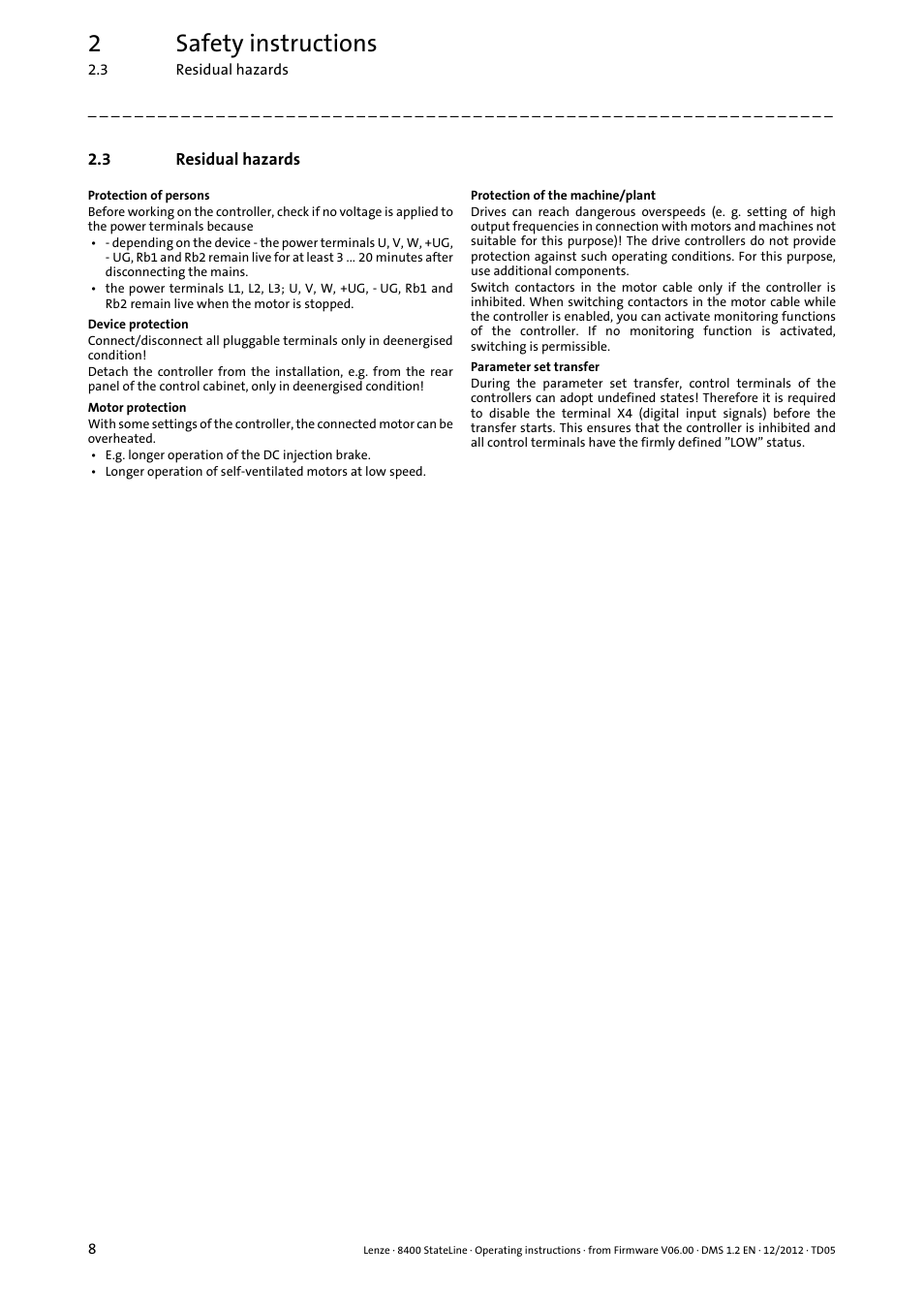 3 residual hazards, Residual hazards, 2safety instructions | Lenze E84AVSCx 8400 StateLine C User Manual | Page 8 / 76