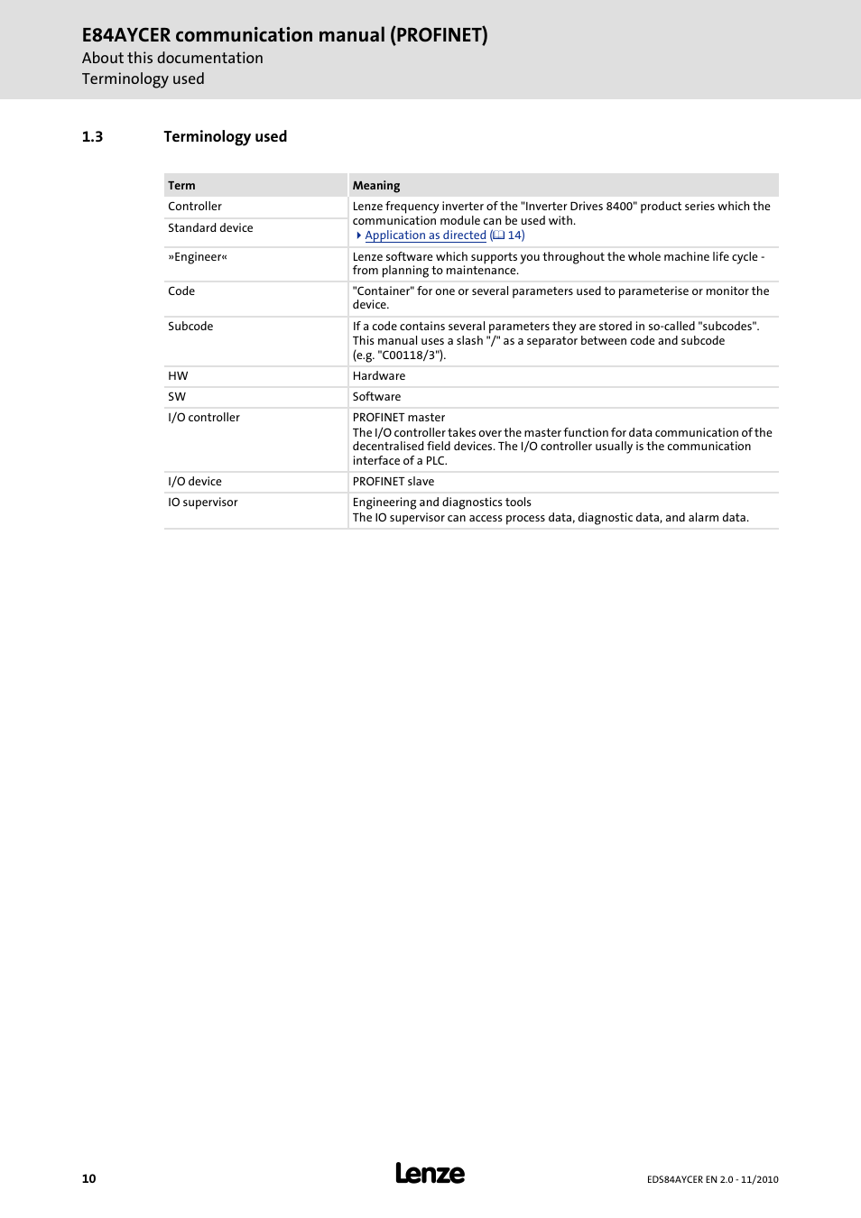 3 terminology used, Terminology used, E84aycer communication manual (profinet) | Lenze E84AYCER User Manual | Page 10 / 94