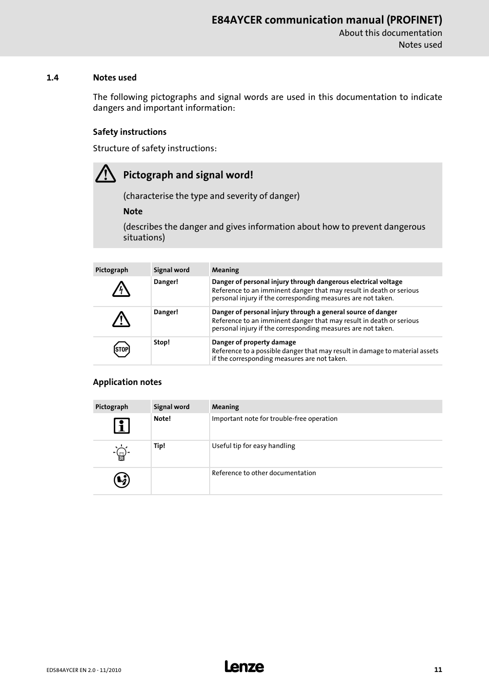 4 notes used, Notes used, E84aycer communication manual (profinet) | Lenze E84AYCER User Manual | Page 11 / 94