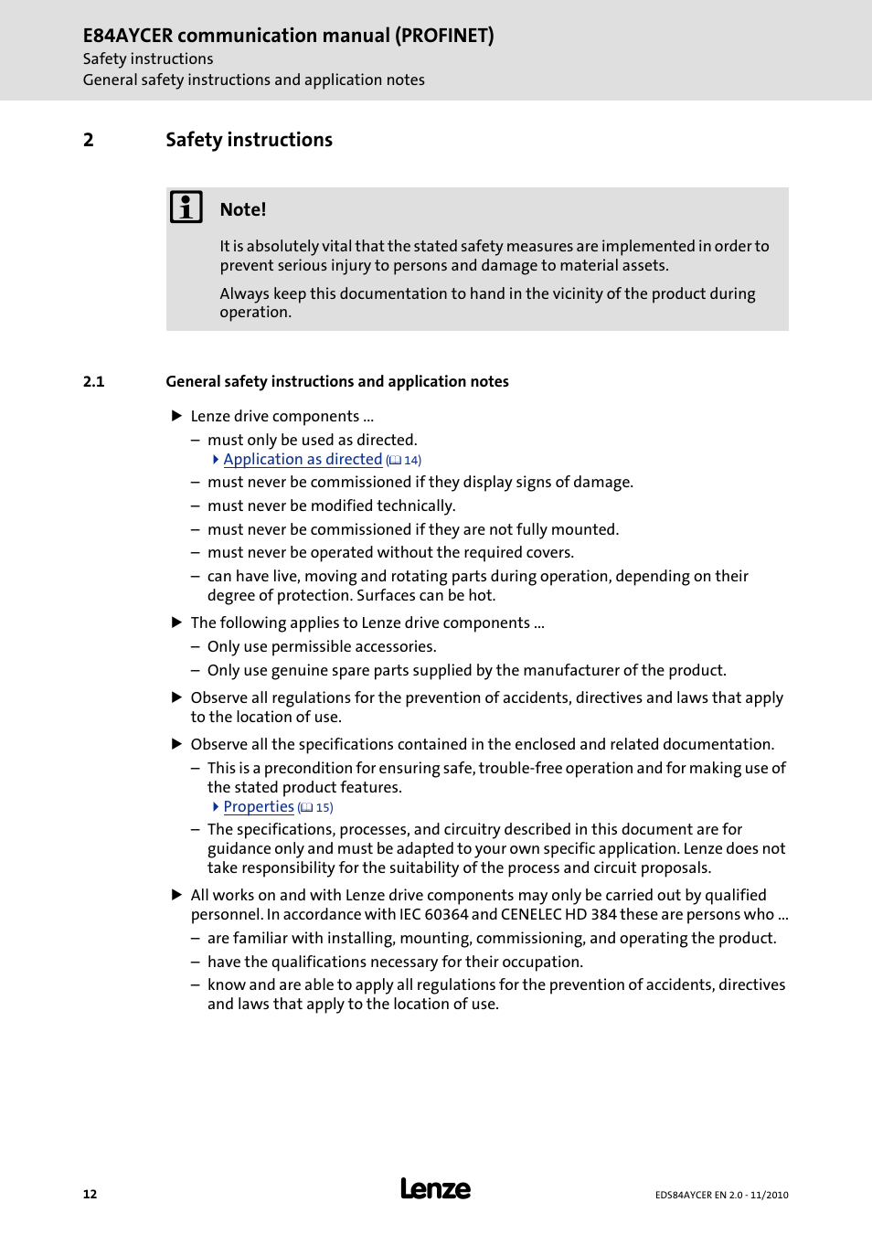 2 safety instructions, Safety instructions, General safety instructions and application notes | E84aycer communication manual (profinet), 2safety instructions | Lenze E84AYCER User Manual | Page 12 / 94
