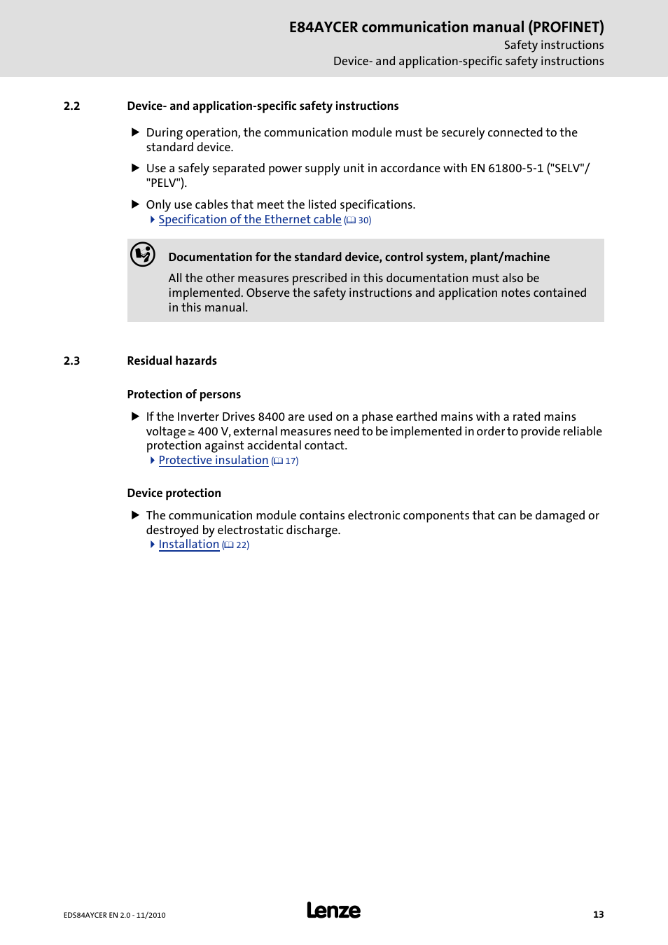 3 residual hazards, Residual hazards, E84aycer communication manual (profinet) | Lenze E84AYCER User Manual | Page 13 / 94