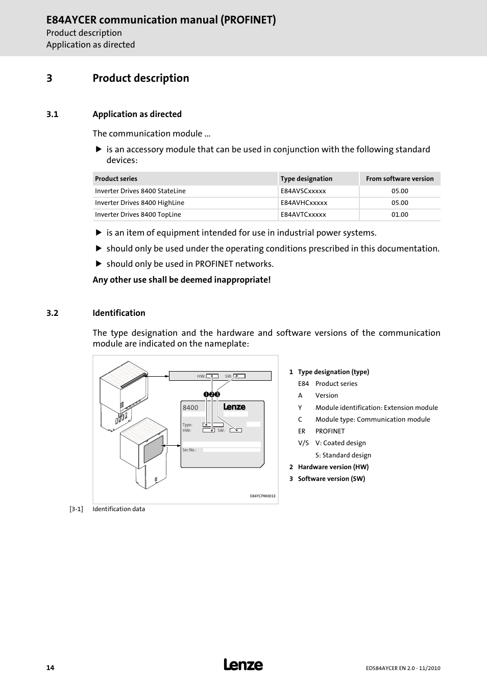 3 product description, 1 application as directed, 2 identification | Product description, Application as directed, Identification, E84aycer communication manual (profinet), 3product description | Lenze E84AYCER User Manual | Page 14 / 94