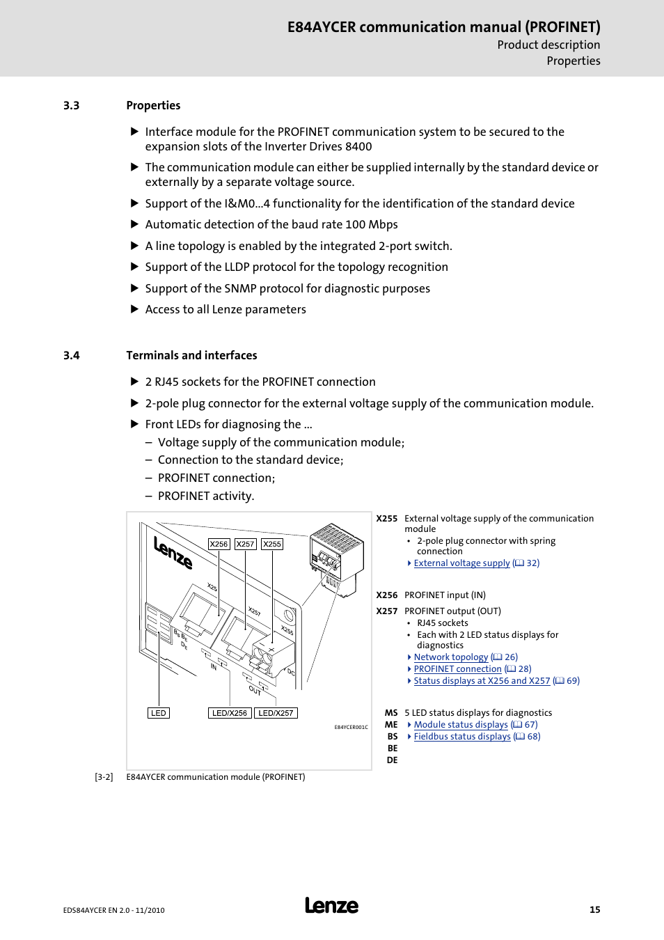 3 properties, 4 terminals and interfaces, Properties | Terminals and interfaces, E84aycer communication manual (profinet) | Lenze E84AYCER User Manual | Page 15 / 94