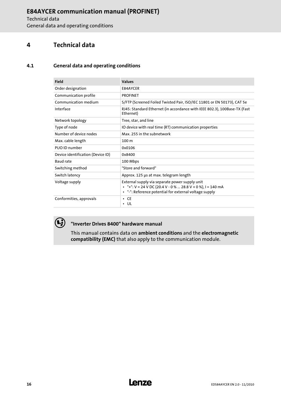4 technical data, 1 general data and operating conditions, Technical data | General data and operating conditions, E84aycer communication manual (profinet), 4technical data | Lenze E84AYCER User Manual | Page 16 / 94