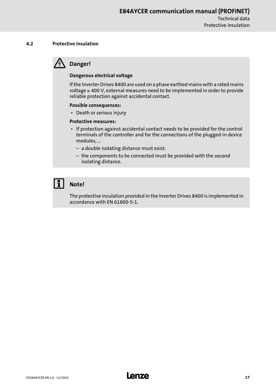 2 protective insulation, Protective insulation | Lenze E84AYCER User Manual | Page 17 / 94