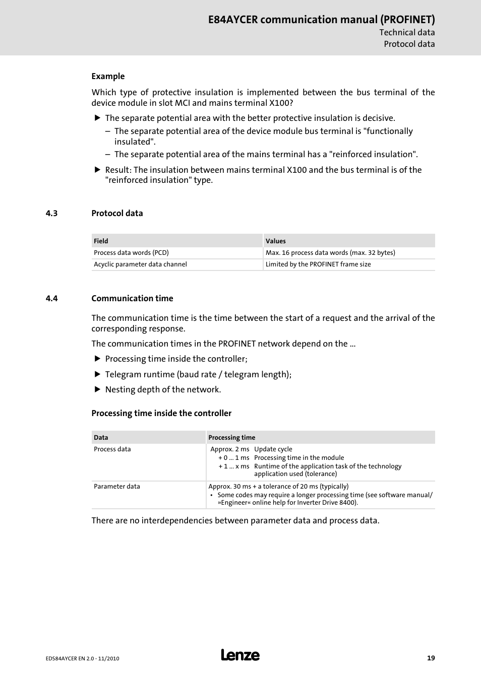 3 protocol data, 4 communication time, Protocol data | Communication time, E84aycer communication manual (profinet) | Lenze E84AYCER User Manual | Page 19 / 94