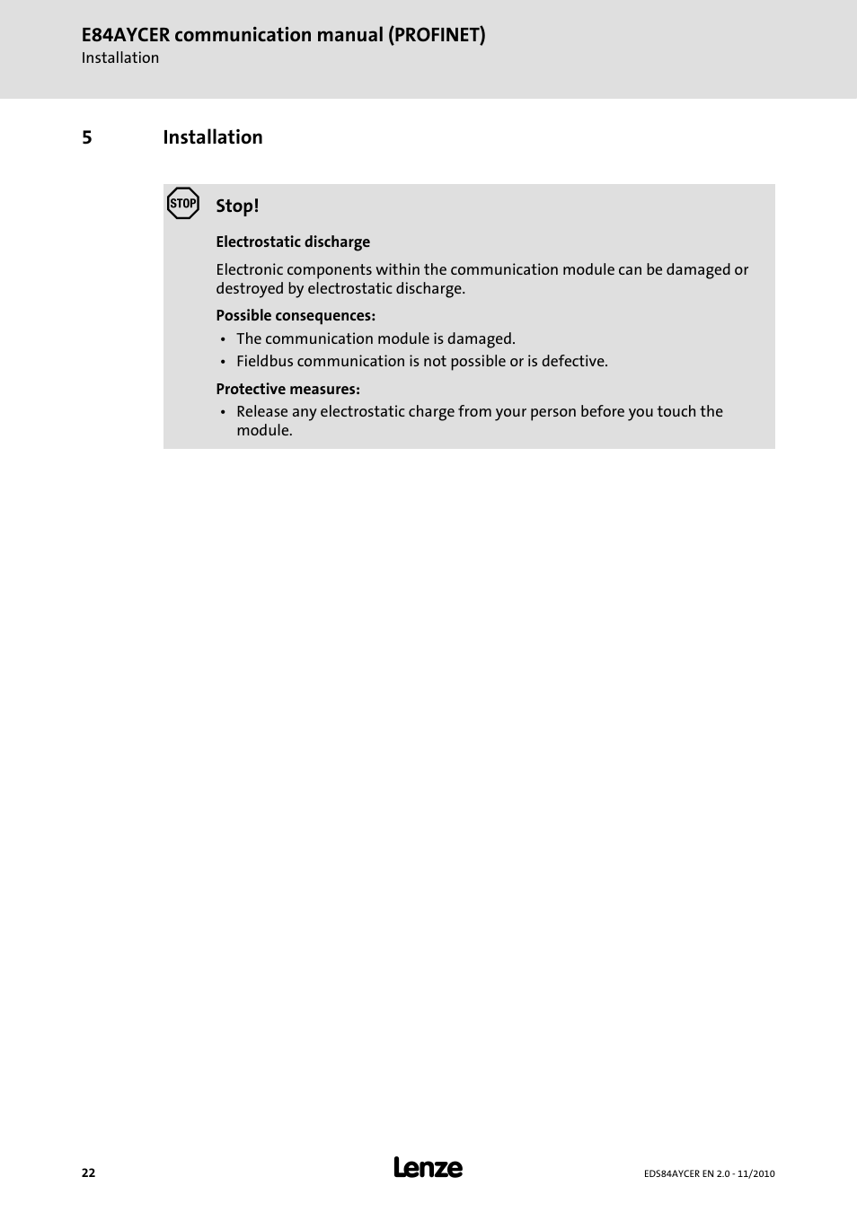 5 installation, Installation | Lenze E84AYCER User Manual | Page 22 / 94