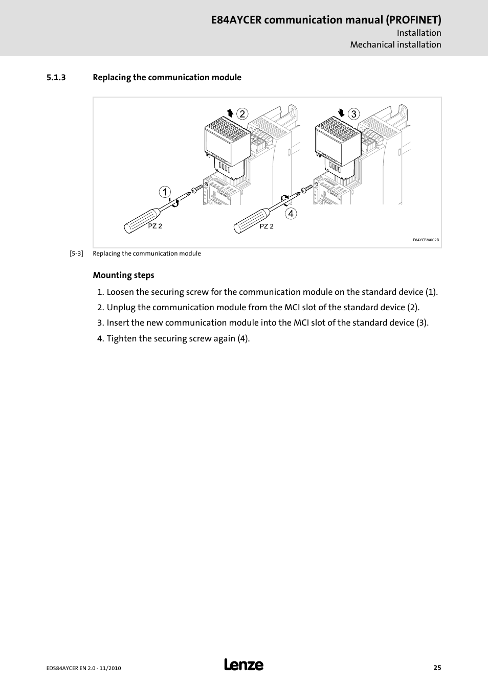 3 replacing the communication module, Replacing the communication module, E84aycer communication manual (profinet) | Lenze E84AYCER User Manual | Page 25 / 94