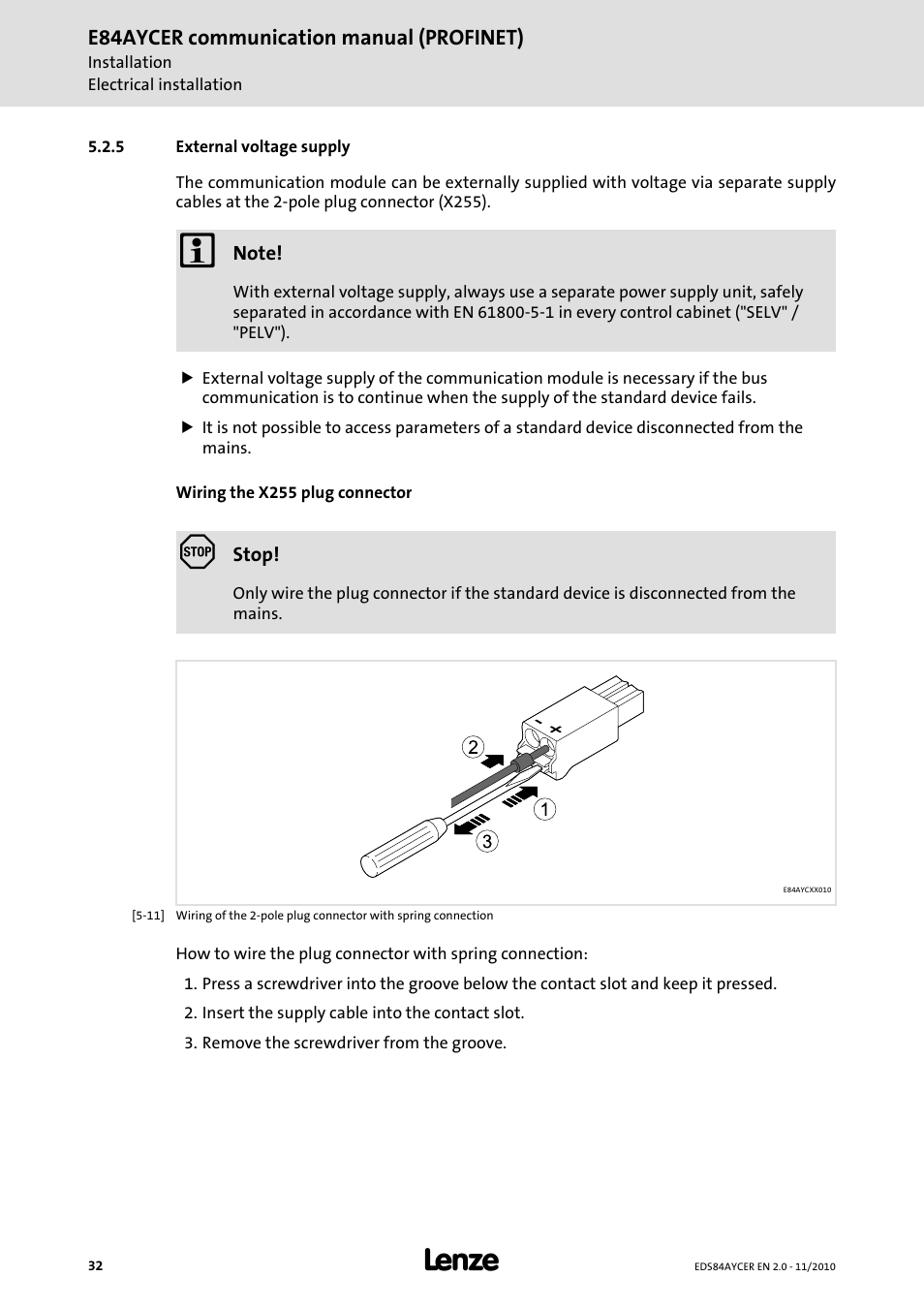 5 external voltage supply, External voltage supply, External voltage supply ( 32) | Lenze E84AYCER User Manual | Page 32 / 94