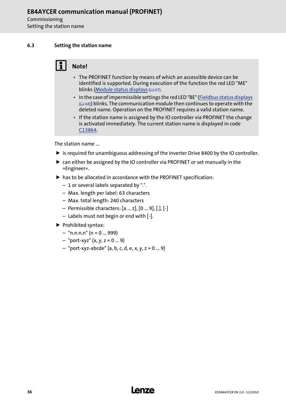 3 setting the station name, Setting the station name, E84aycer communication manual (profinet) | Lenze E84AYCER User Manual | Page 36 / 94