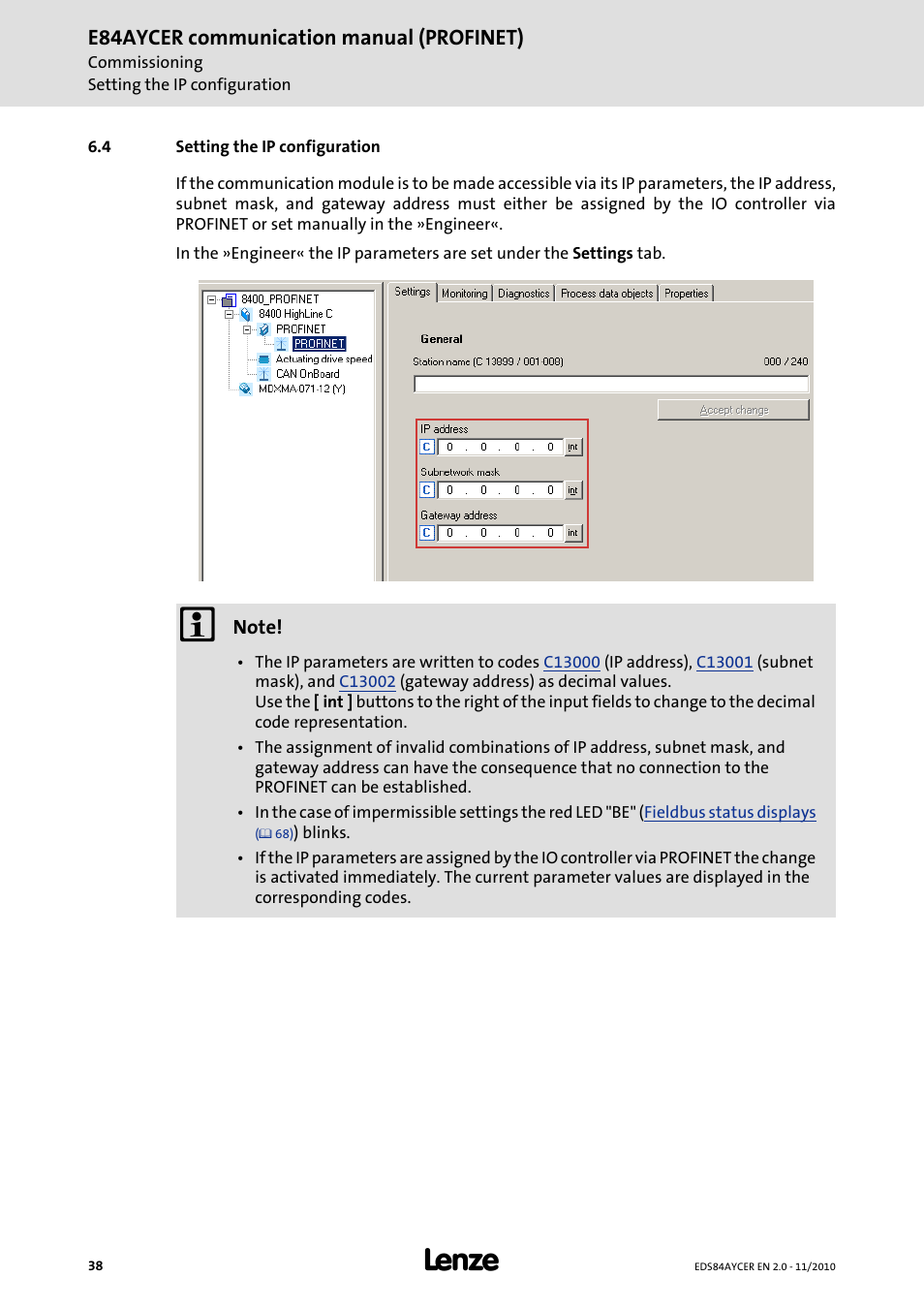 4 setting the ip configuration, Setting the ip configuration, E84aycer communication manual (profinet) | Lenze E84AYCER User Manual | Page 38 / 94