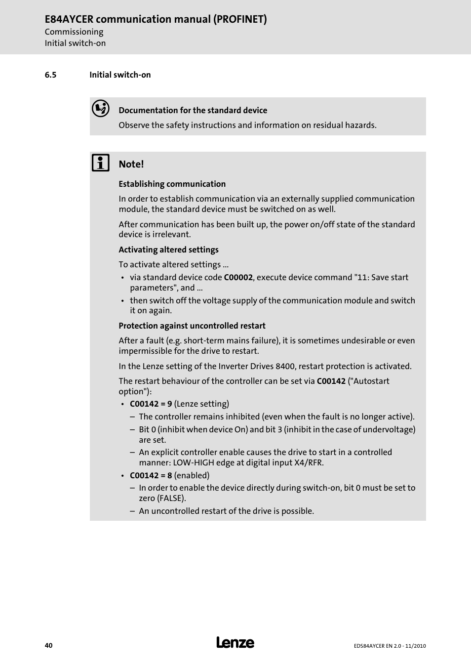 5 initial switch-on, Initial switch-on | Lenze E84AYCER User Manual | Page 40 / 94
