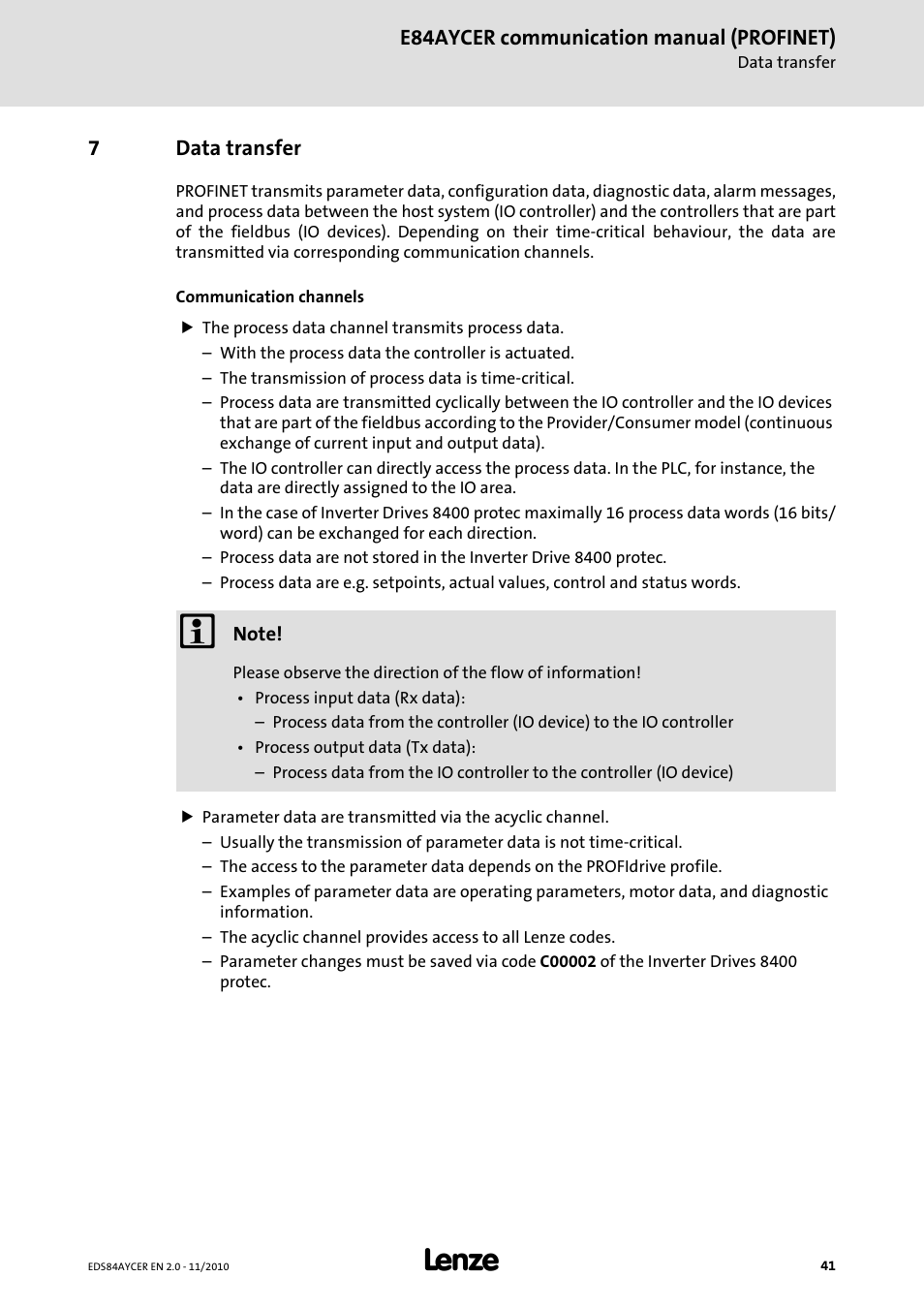 7 data transfer, Data transfer | Lenze E84AYCER User Manual | Page 41 / 94