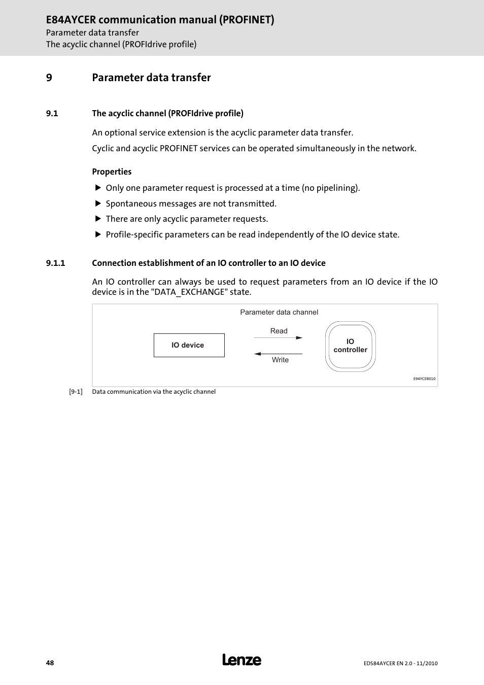 9 parameter data transfer, 1 the acyclic channel (profidrive profile), Parameter data transfer | The acyclic channel (profidrive profile), E84aycer communication manual (profinet), 9parameter data transfer | Lenze E84AYCER User Manual | Page 48 / 94