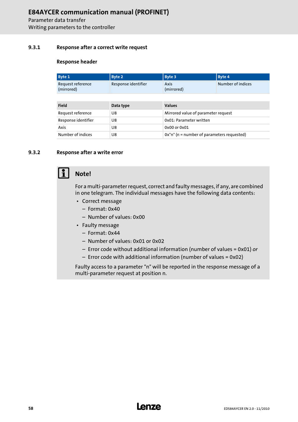 1 response after a correct write request, 2 response after a write error, Response after a correct write request | Response after a write error, E84aycer communication manual (profinet) | Lenze E84AYCER User Manual | Page 58 / 94