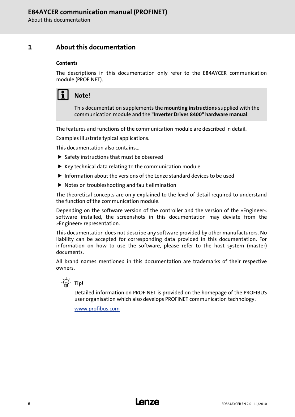 1 about this documentation, About this documentation | Lenze E84AYCER User Manual | Page 6 / 94