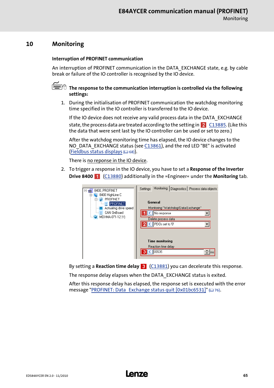 10 monitoring, Monitoring, E84aycer communication manual (profinet) | Lenze E84AYCER User Manual | Page 65 / 94