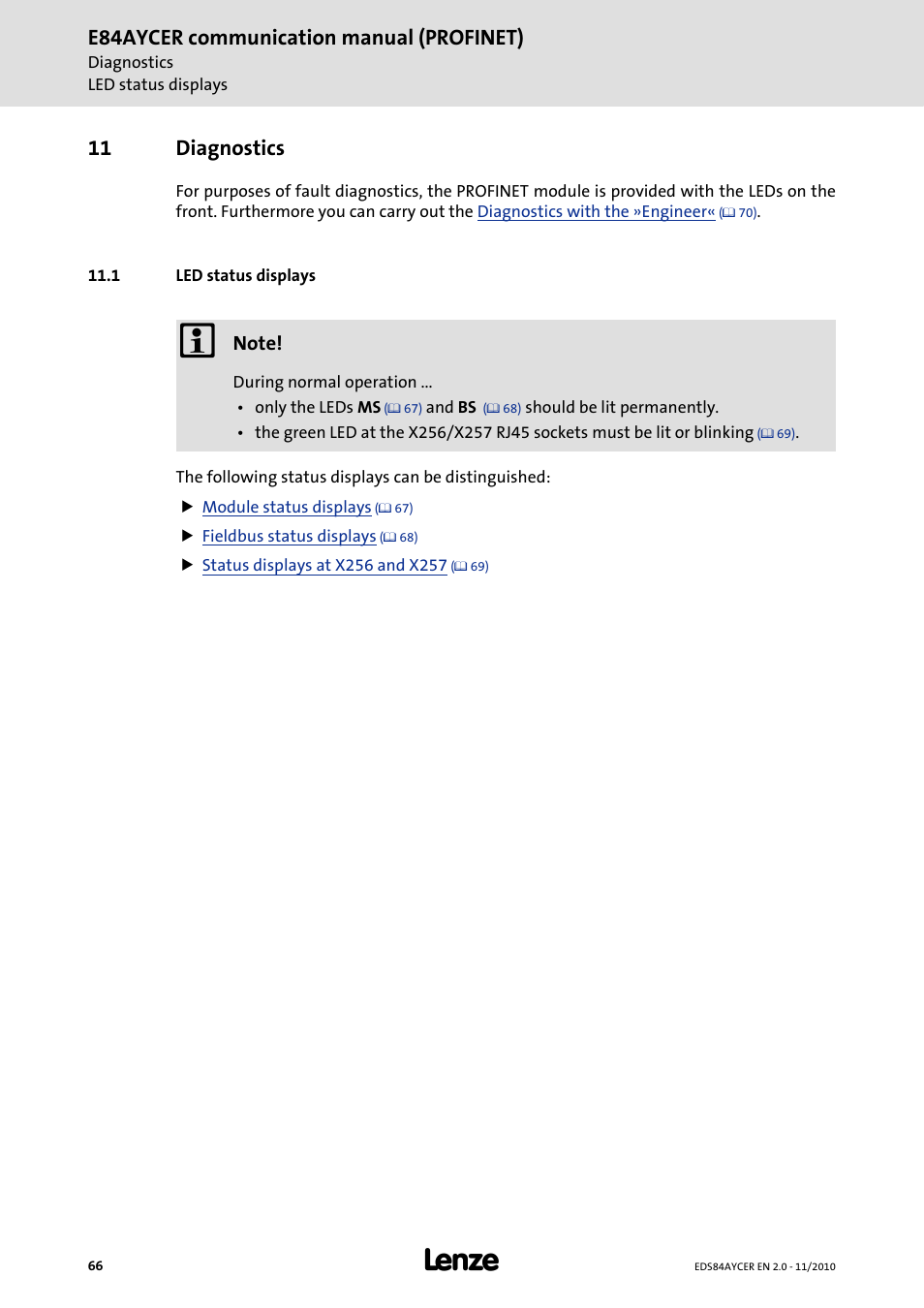 11 diagnostics, 1 led status displays, Diagnostics | Led status displays, E84aycer communication manual (profinet) | Lenze E84AYCER User Manual | Page 66 / 94