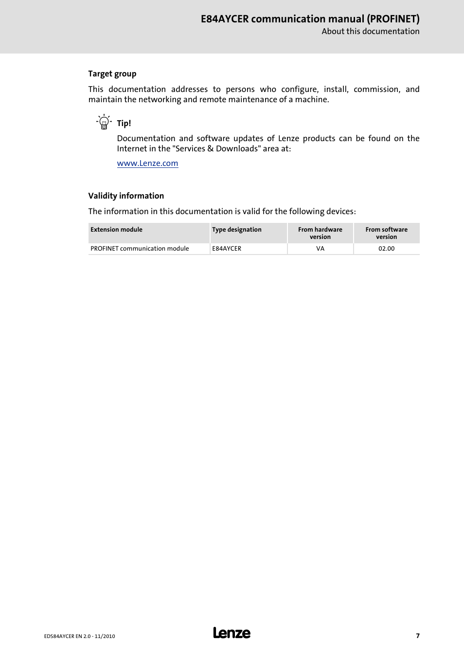 E84aycer communication manual (profinet) | Lenze E84AYCER User Manual | Page 7 / 94