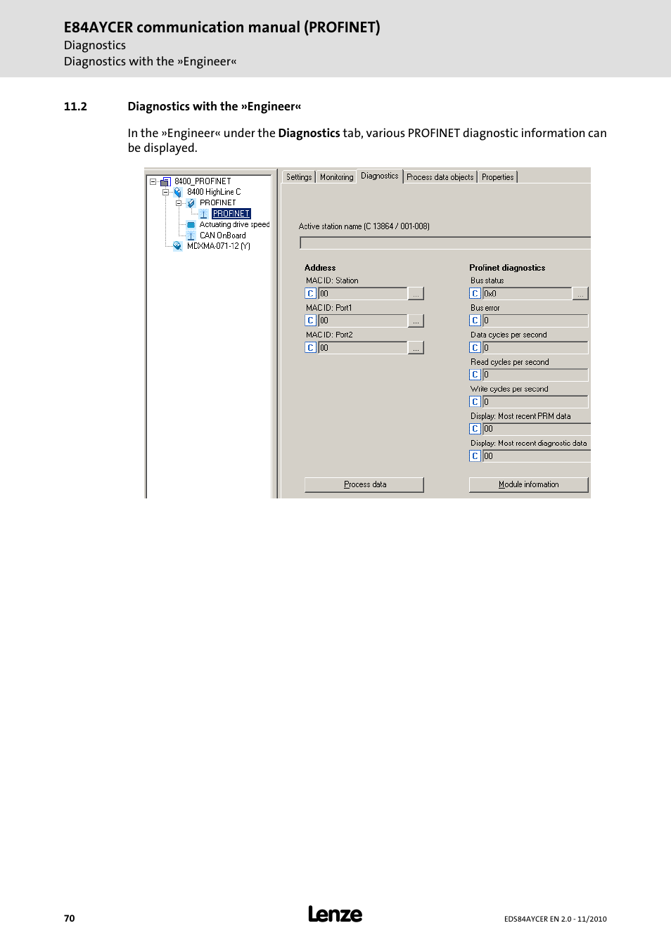 2 diagnostics with the »engineer, Diagnostics with the »engineer | Lenze E84AYCER User Manual | Page 70 / 94