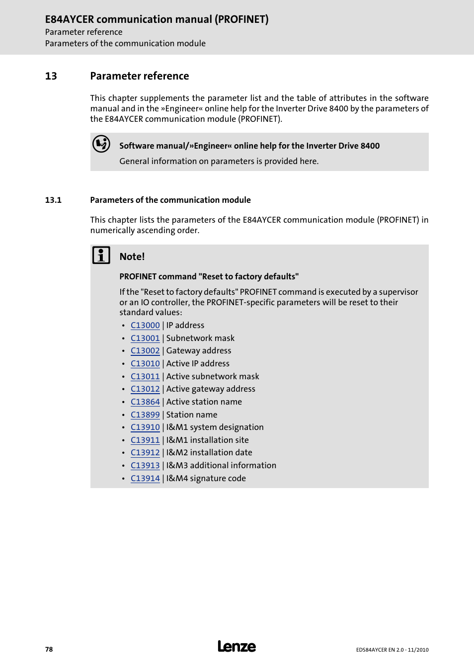 13 parameter reference, 1 parameters of the communication module, Parameter reference | Parameters of the communication module, E84aycer communication manual (profinet) | Lenze E84AYCER User Manual | Page 78 / 94