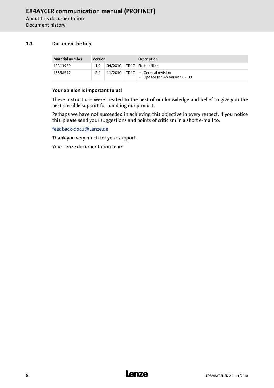 1 document history, Document history, E84aycer communication manual (profinet) | Lenze E84AYCER User Manual | Page 8 / 94