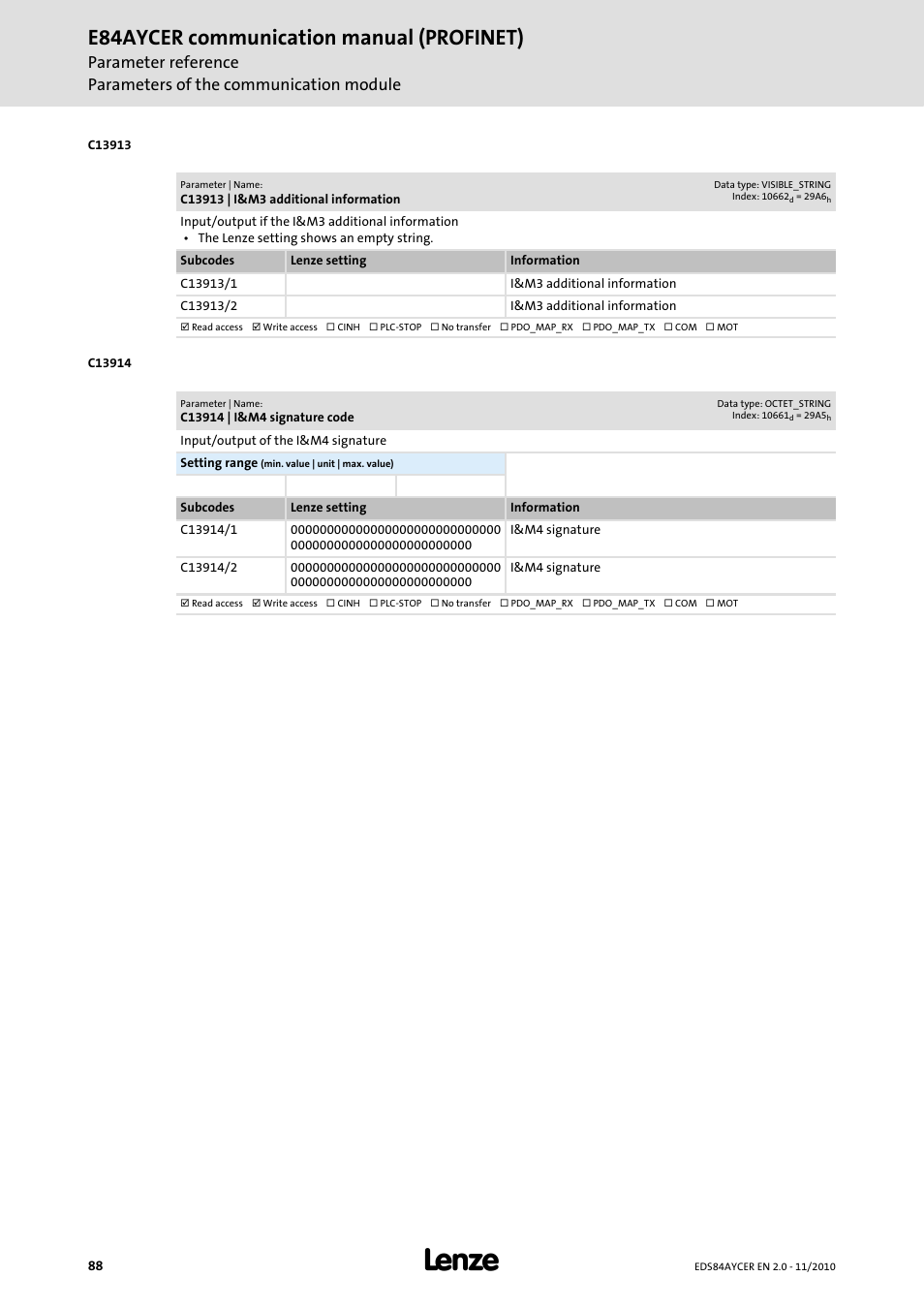 C13913 | i&m3 additional information, C13914 | i&m4 signature code, C13913 | C13914, E84aycer communication manual (profinet) | Lenze E84AYCER User Manual | Page 88 / 94