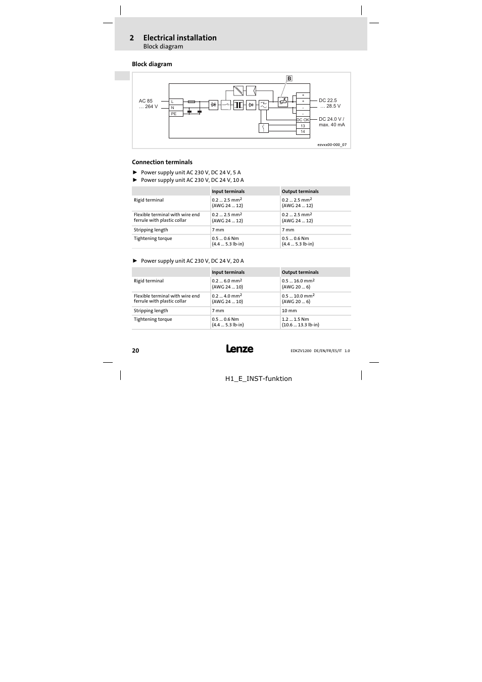 Electrical installation, Block diagram, Connection terminals | 2electrical installation | Lenze EZVxxxx-000 Power supply unit AC 230V 5A-20A User Manual | Page 20 / 62