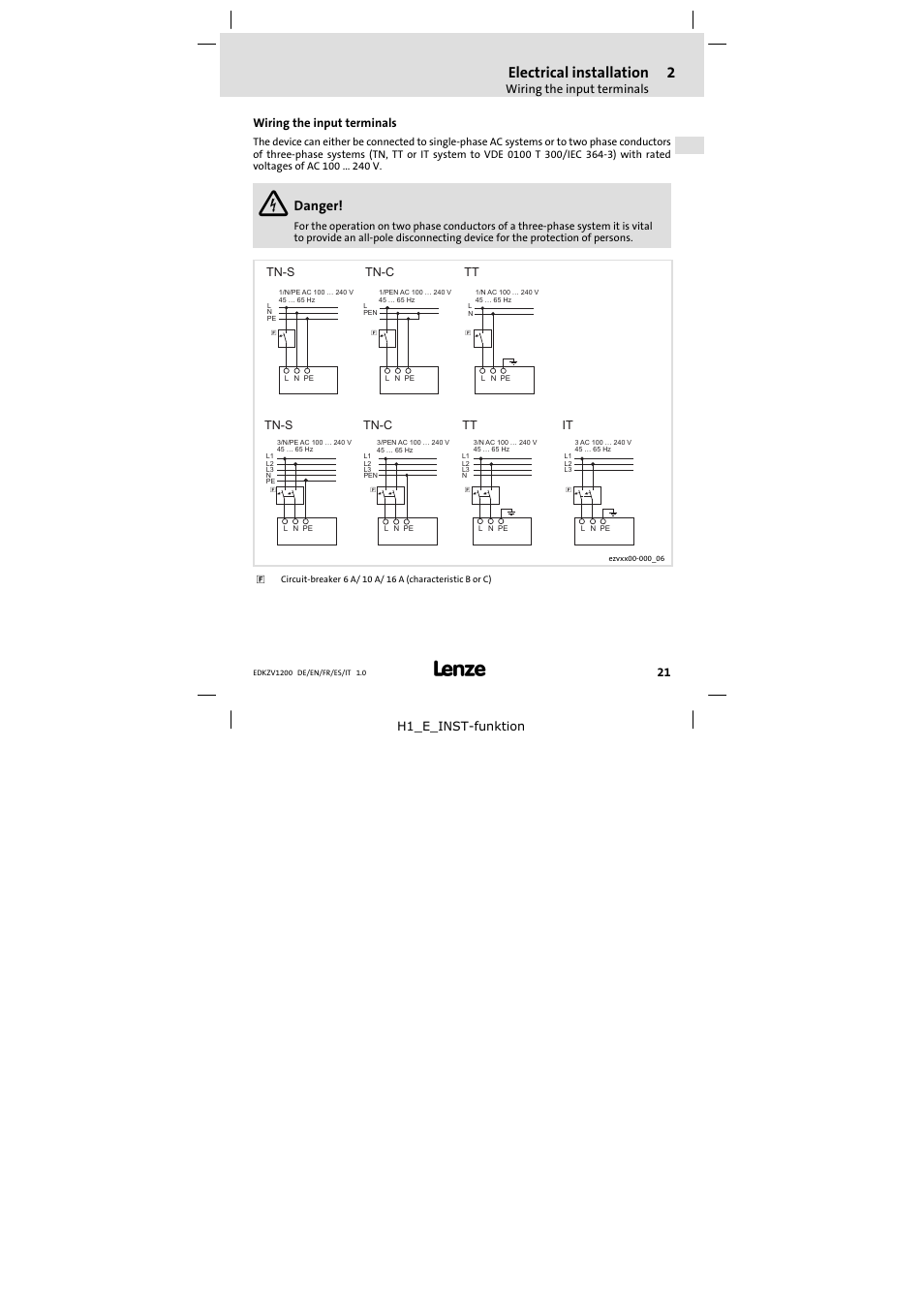 Wiring the input terminals, Electrical installation, Danger | Lenze EZVxxxx-000 Power supply unit AC 230V 5A-20A User Manual | Page 21 / 62