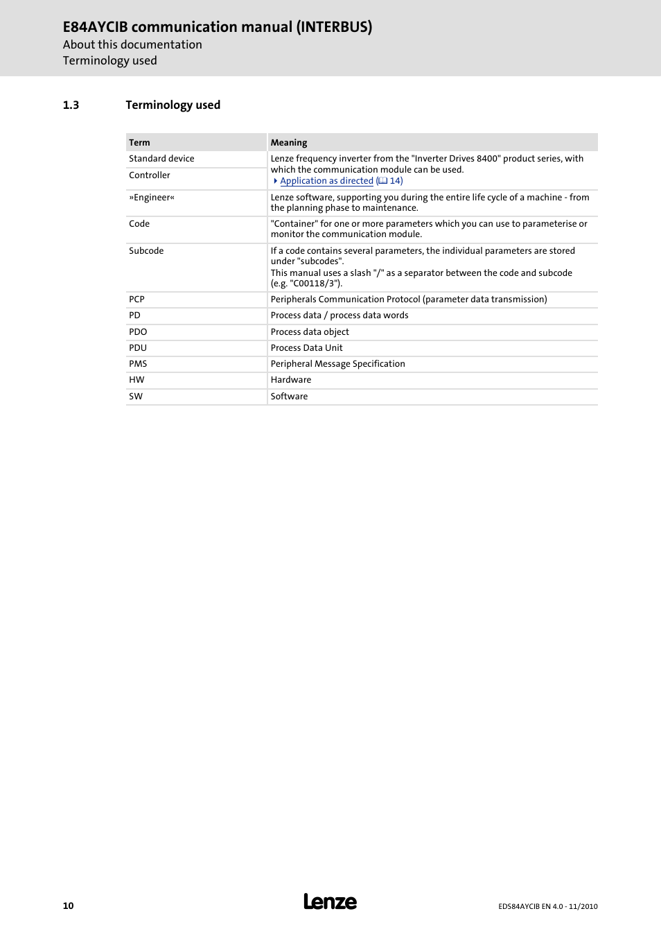 3 terminology used, Terminology used, E84aycib communication manual (interbus) | Lenze E84AYCIB User Manual | Page 10 / 75