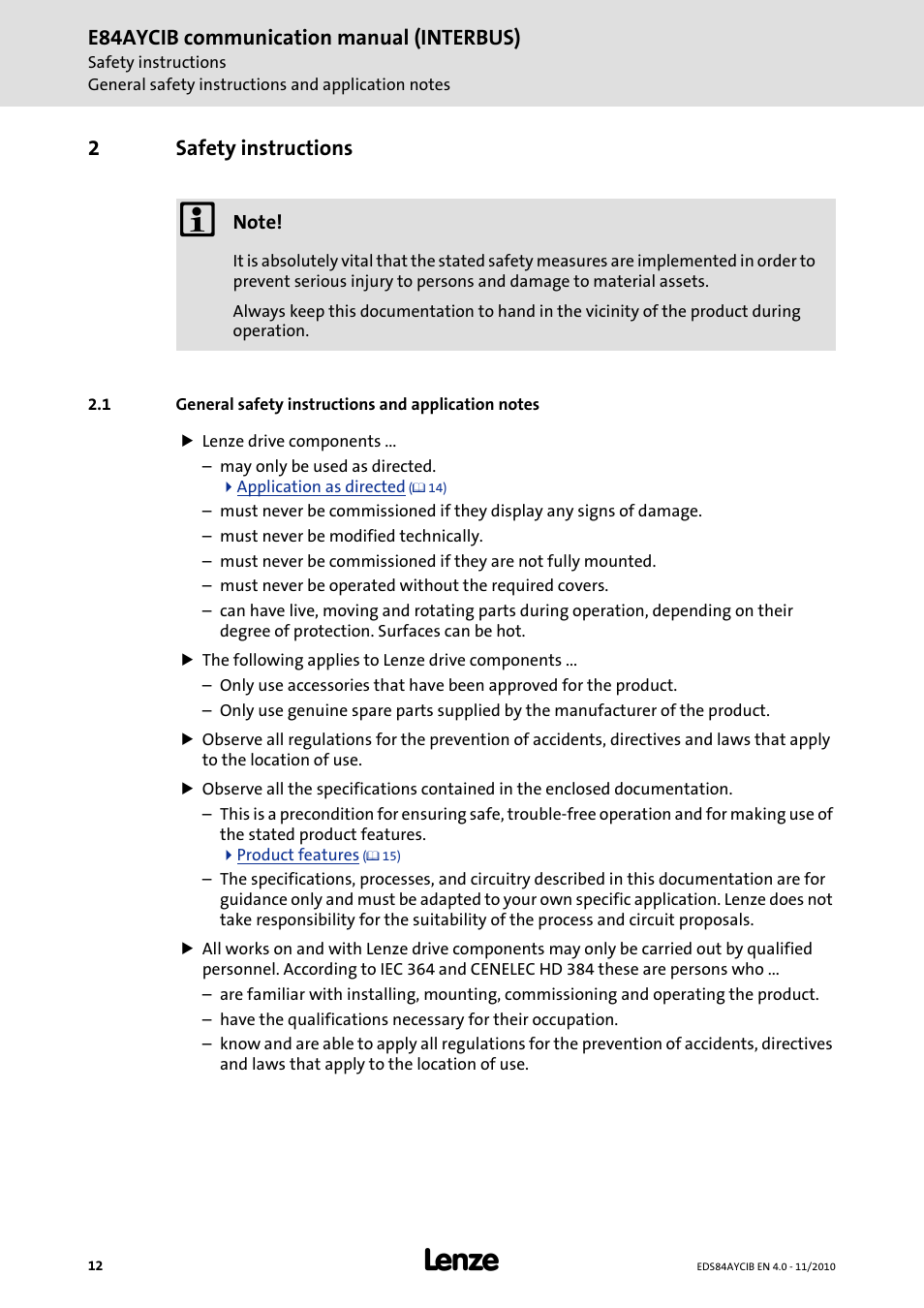 2 safety instructions, Safety instructions, General safety instructions and application notes | E84aycib communication manual (interbus), 2safety instructions | Lenze E84AYCIB User Manual | Page 12 / 75