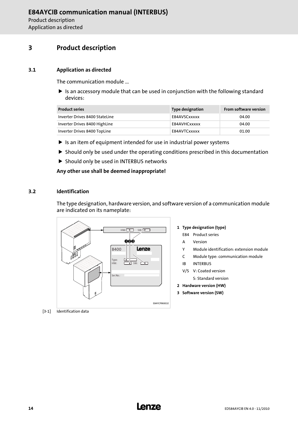 3 product description, 1 application as directed, 2 identification | Product description, Application as directed, Identification, E84aycib communication manual (interbus), 3product description | Lenze E84AYCIB User Manual | Page 14 / 75