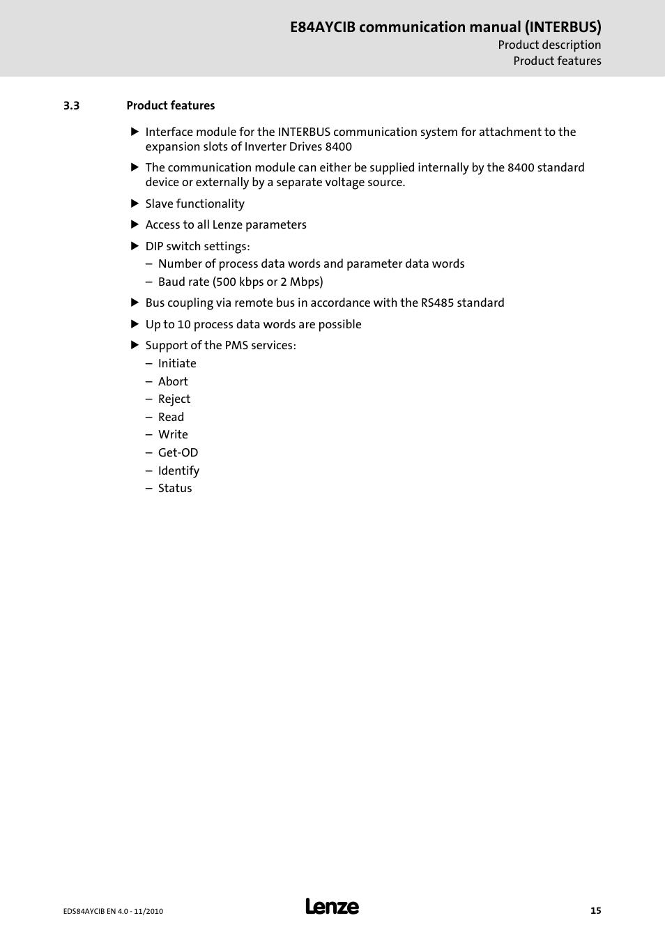 3 product features, Product features | Lenze E84AYCIB User Manual | Page 15 / 75