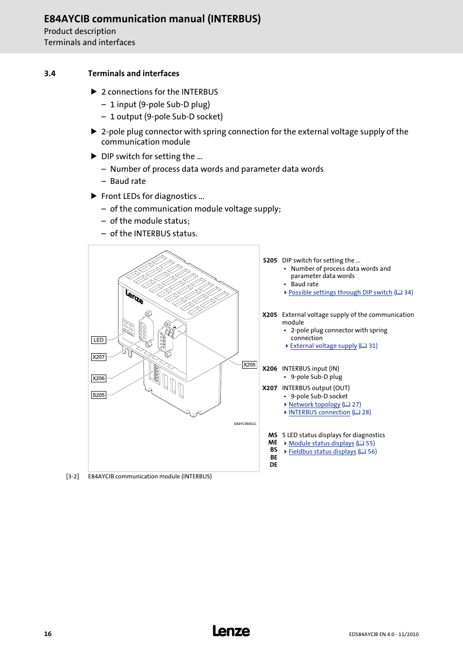 4 terminals and interfaces, Terminals and interfaces, E84aycib communication manual (interbus) | Lenze E84AYCIB User Manual | Page 16 / 75