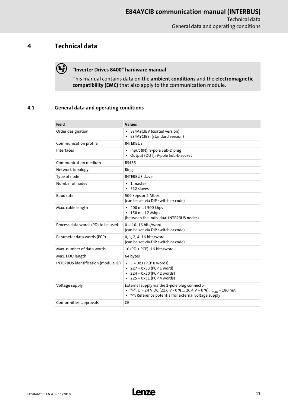 4 technical data, 1 general data and operating conditions, Technical data | General data and operating conditions, E84aycib communication manual (interbus), 4technical data | Lenze E84AYCIB User Manual | Page 17 / 75
