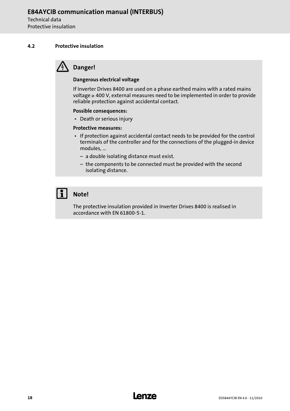 2 protective insulation, Protective insulation | Lenze E84AYCIB User Manual | Page 18 / 75