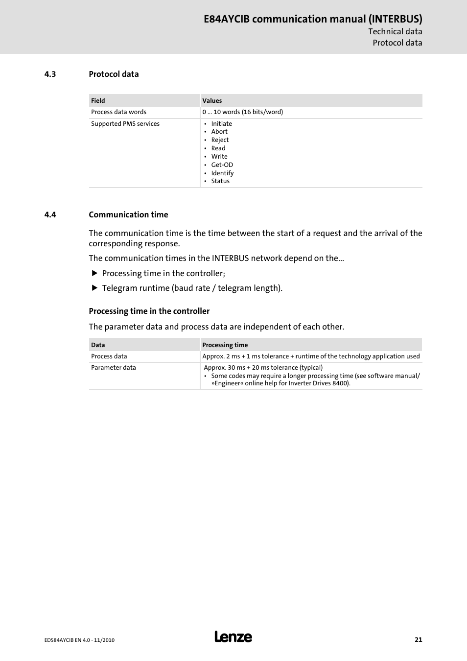 3 protocol data, 4 communication time, Protocol data | Communication time, E84aycib communication manual (interbus) | Lenze E84AYCIB User Manual | Page 21 / 75