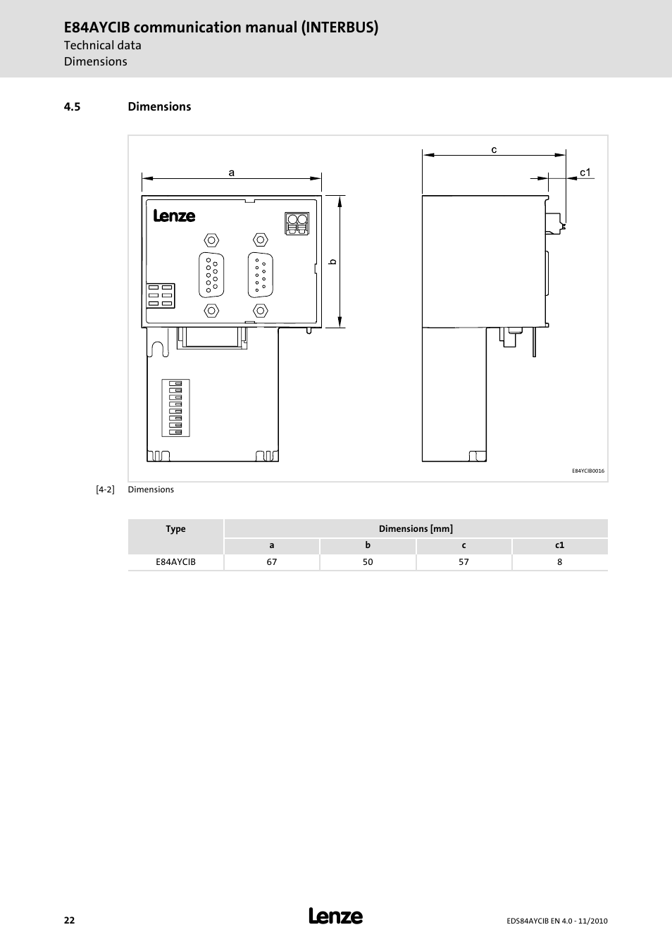 5 dimensions, Dimensions, E84aycib communication manual (interbus) | Lenze E84AYCIB User Manual | Page 22 / 75