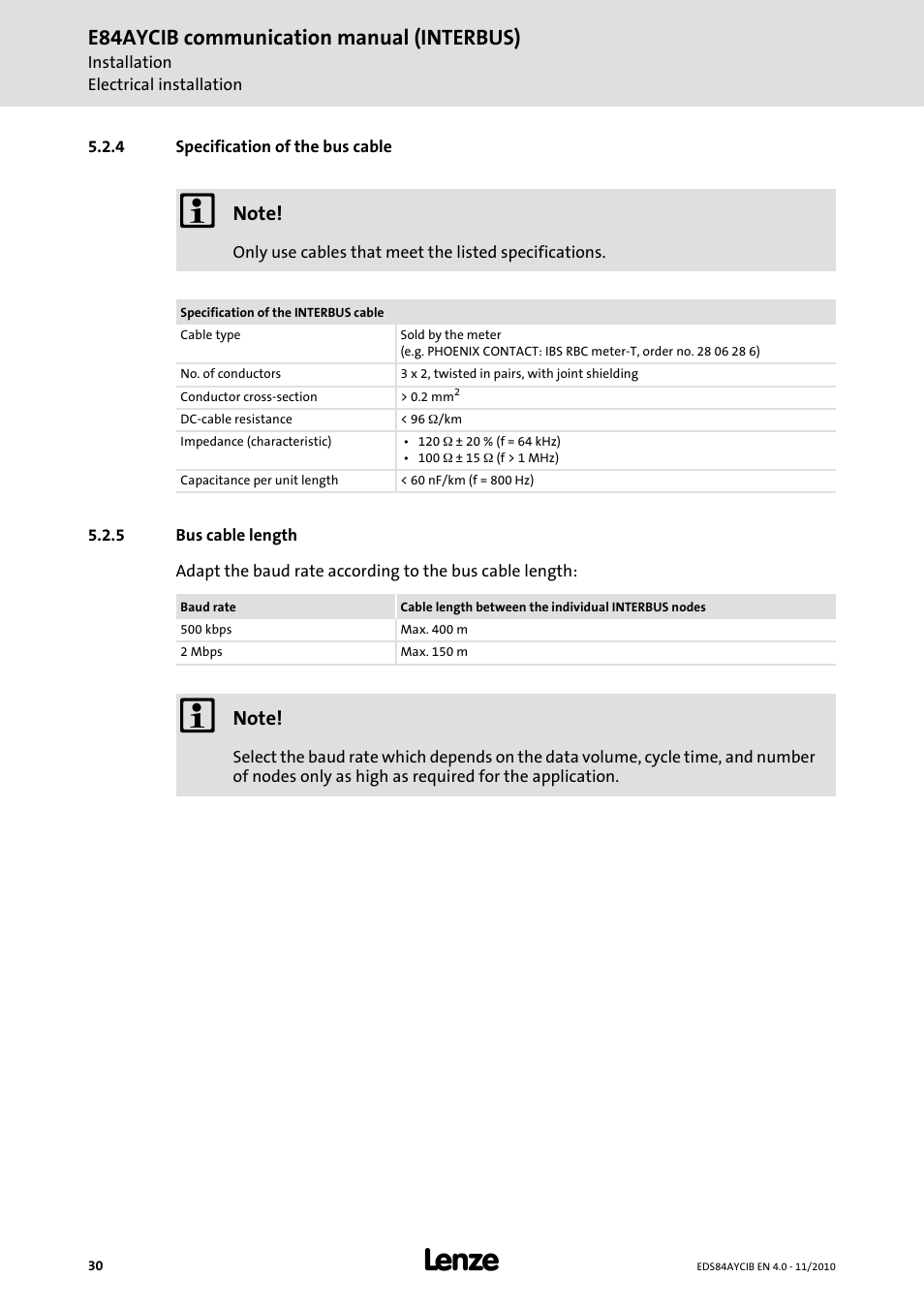 4 specification of the bus cable, 5 bus cable length, Specification of the bus cable | Bus cable length, E84aycib communication manual (interbus) | Lenze E84AYCIB User Manual | Page 30 / 75