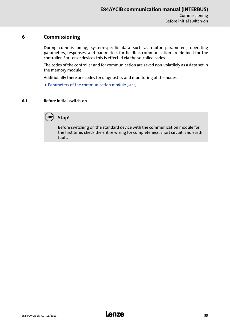 6 commissioning, 1 before initial switch-on, Commissioning | Before initial switch-on | Lenze E84AYCIB User Manual | Page 33 / 75