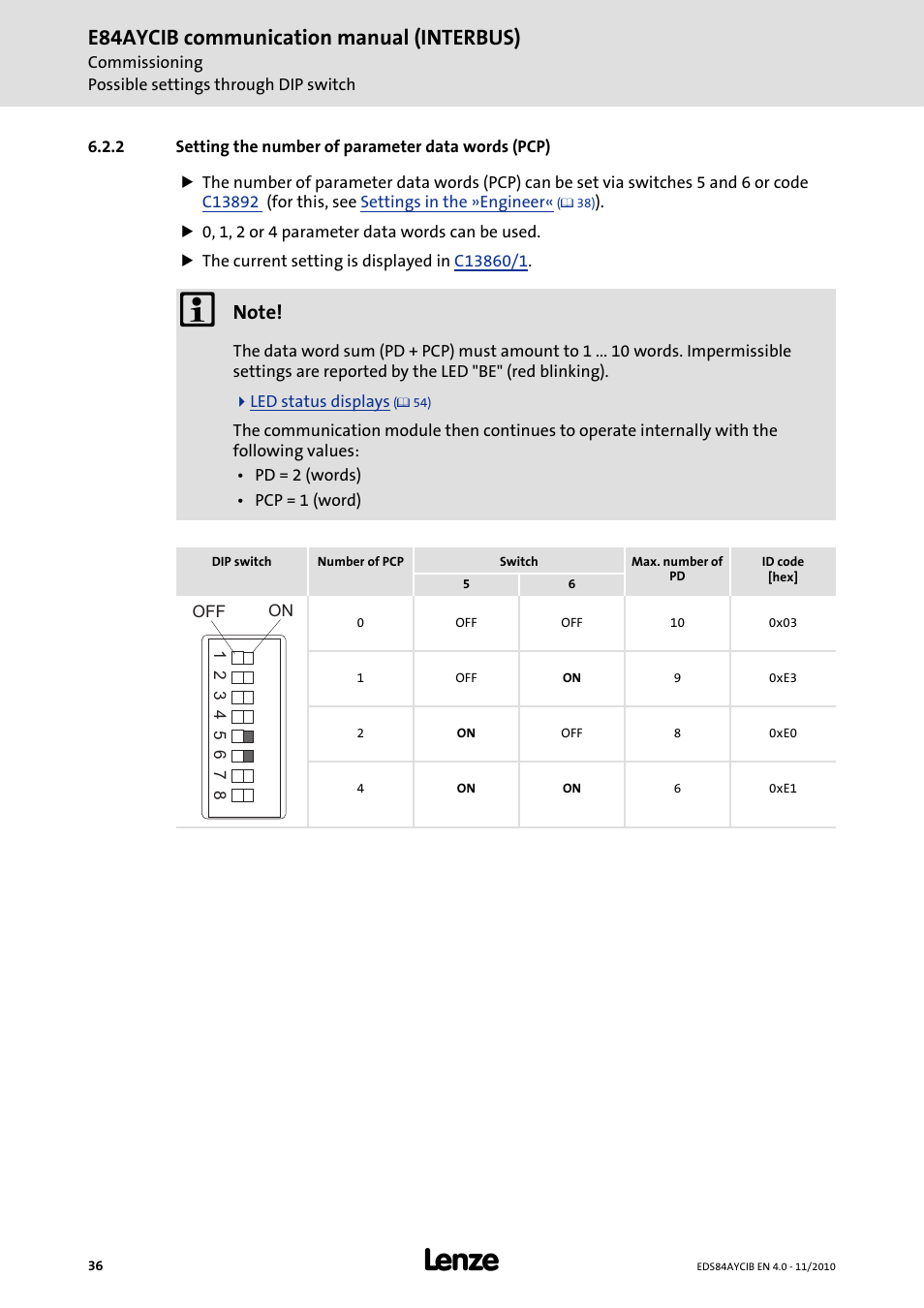 2 setting the number of parameter data words (pcp), Setting the number of parameter data words (pcp), E84aycib communication manual (interbus) | Lenze E84AYCIB User Manual | Page 36 / 75