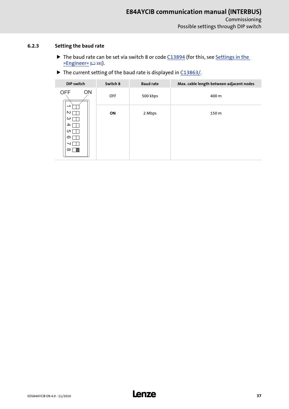 3 setting the baud rate, Setting the baud rate, Switch: 8 | E84aycib communication manual (interbus) | Lenze E84AYCIB User Manual | Page 37 / 75