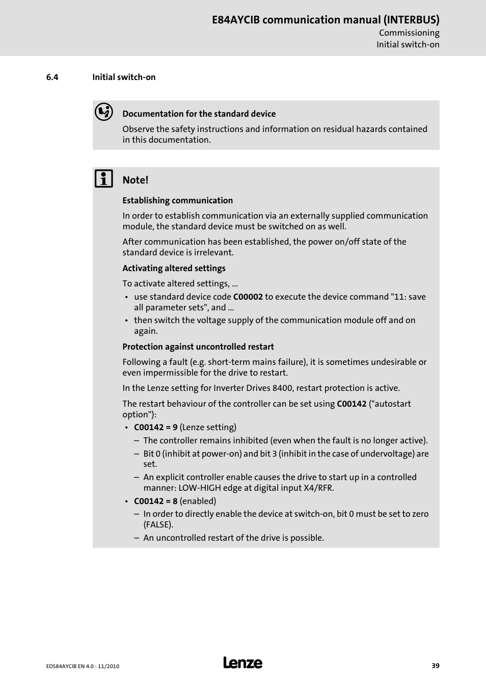 4 initial switch-on, Initial switch-on | Lenze E84AYCIB User Manual | Page 39 / 75