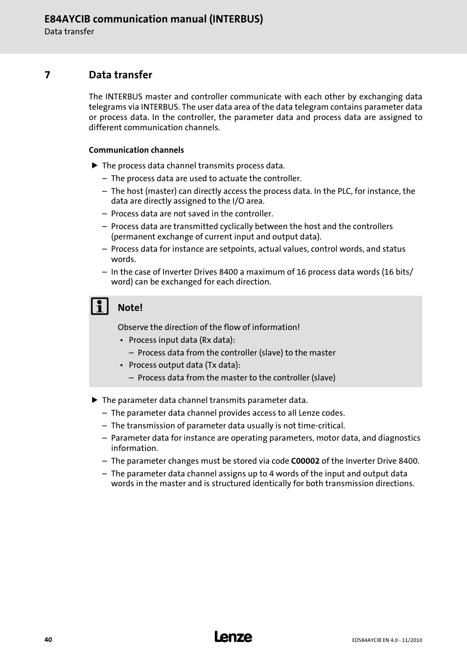 7 data transfer, Data transfer | Lenze E84AYCIB User Manual | Page 40 / 75