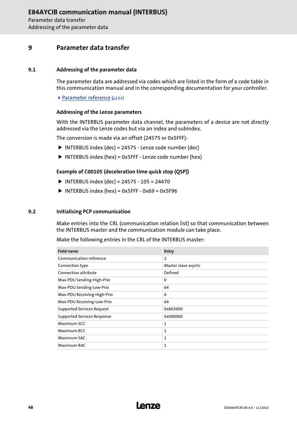 9 parameter data transfer, 1 addressing of the parameter data, 2 initialising pcp communication | Parameter data transfer, Addressing of the parameter data, Initialising pcp communication, E84aycib communication manual (interbus), 9parameter data transfer | Lenze E84AYCIB User Manual | Page 48 / 75