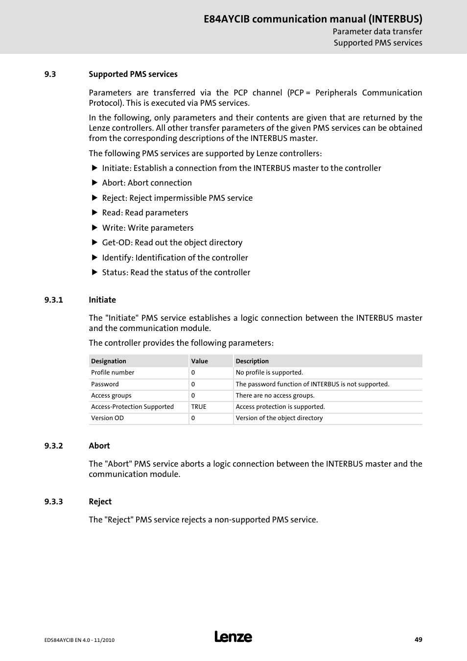 3 supported pms services, 1 initiate, 2 abort | 3 reject, Supported pms services, Initiate, Abort, Reject, E84aycib communication manual (interbus) | Lenze E84AYCIB User Manual | Page 49 / 75