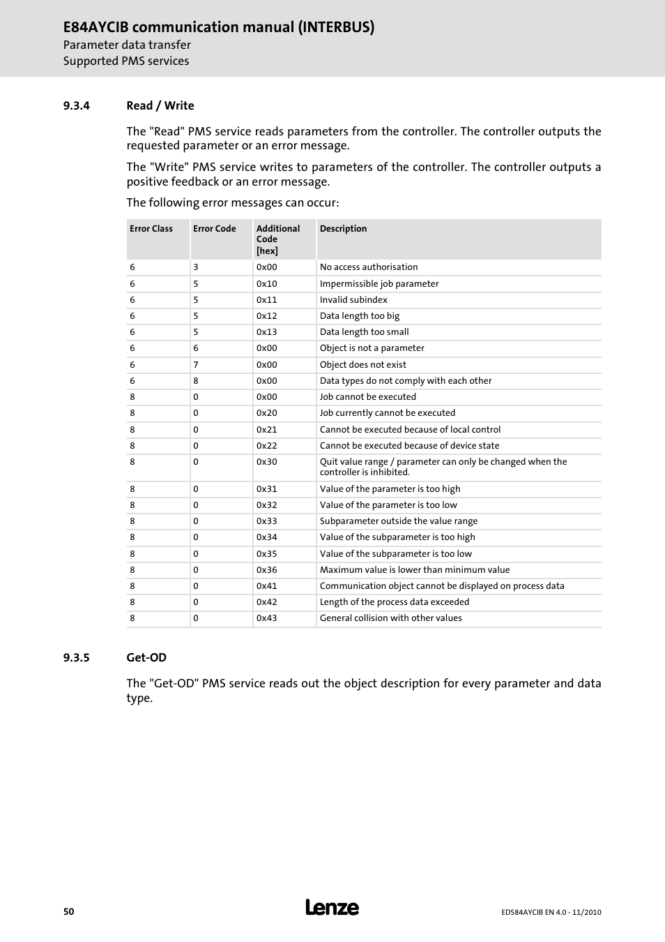 4 read / write, 5 get-od, Read / write | Get-od, E84aycib communication manual (interbus) | Lenze E84AYCIB User Manual | Page 50 / 75