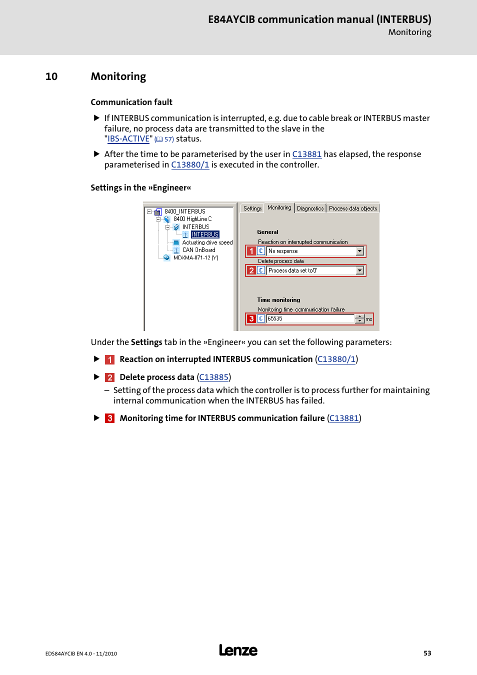 10 monitoring, Monitoring, E84aycib communication manual (interbus) | Lenze E84AYCIB User Manual | Page 53 / 75