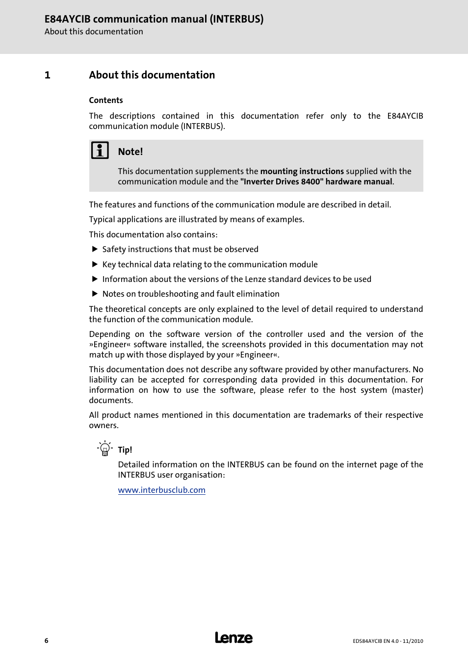 1 about this documentation, About this documentation | Lenze E84AYCIB User Manual | Page 6 / 75